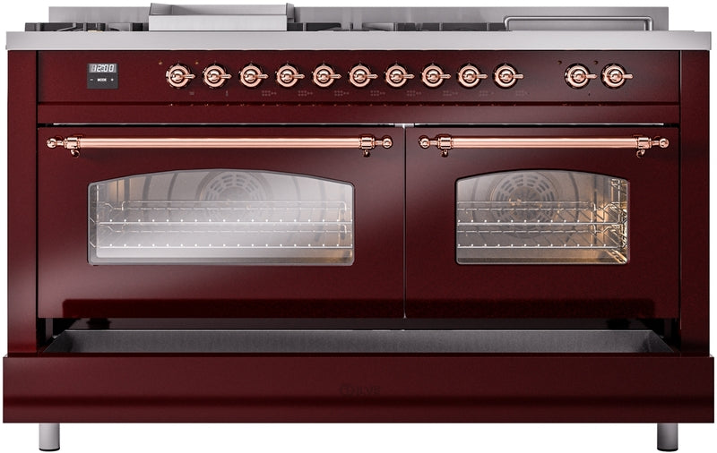 ILVE Nostalgie II 60" Dual Fuel Natural Gas Range in Burgundy with Copper Trim, UP60FSNMPBUP