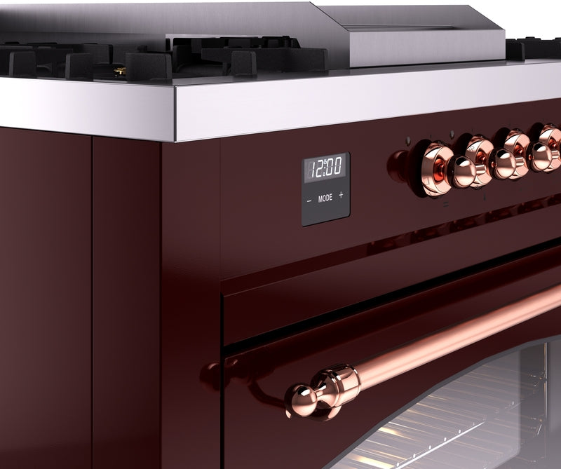 ILVE Nostalgie II 60" Dual Fuel Natural Gas Range in Burgundy with Copper Trim, UP60FSNMPBUP