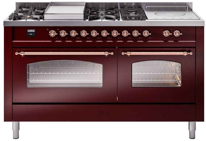 ILVE Nostalgie II 60" Dual Fuel Natural Gas Range in Burgundy with Copper Trim, UP60FSNMPBUP