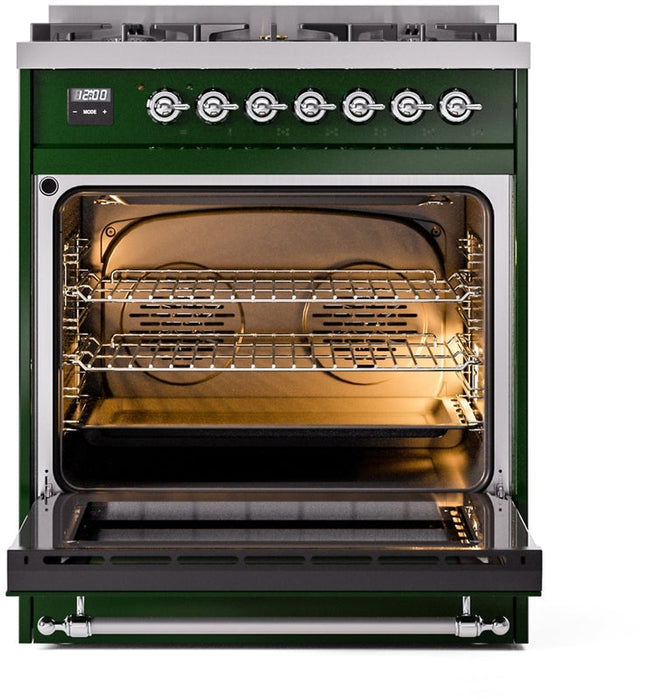 ILVE Nostalgie II 30" Dual Fuel Propane Gas Range in Emerald Green with Chrome Trim, UP30NMPEGCLP