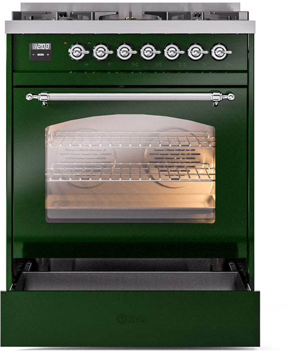 ILVE Nostalgie II 30" Dual Fuel Propane Gas Range in Emerald Green with Chrome Trim, UP30NMPEGCLP