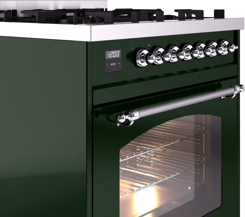 ILVE Nostalgie II 30" Dual Fuel Propane Gas Range in Emerald Green with Chrome Trim, UP30NMPEGCLP