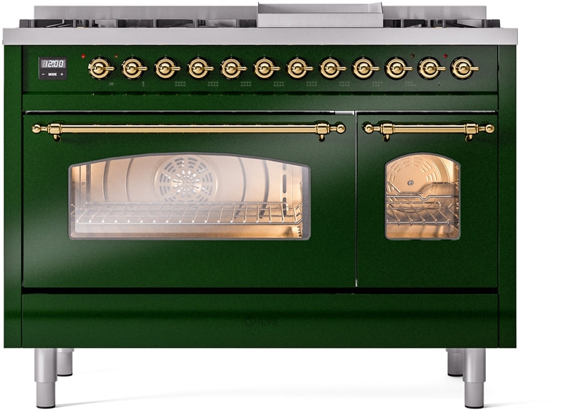 ILVE Nostalgie II 48" Dual Fuel Natural Gas Range in Emerald Green with Brass Trim, UP48FNMPEGG