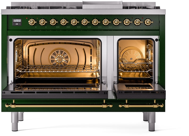 ILVE Nostalgie II 48" Dual Fuel Natural Gas Range in Emerald Green with Brass Trim, UP48FNMPEGG