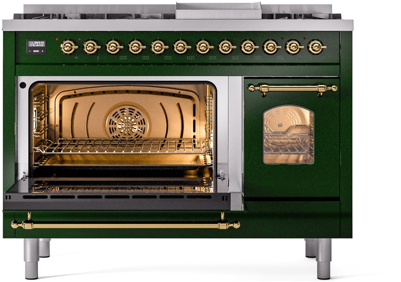 ILVE Nostalgie II 48" Dual Fuel Natural Gas Range in Emerald Green with Brass Trim, UP48FNMPEGG