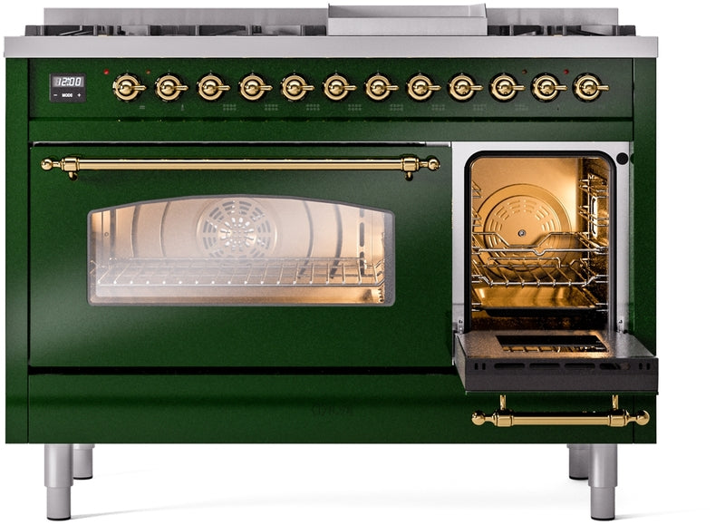 ILVE Nostalgie II 48" Dual Fuel Natural Gas Range in Emerald Green with Brass Trim, UP48FNMPEGG