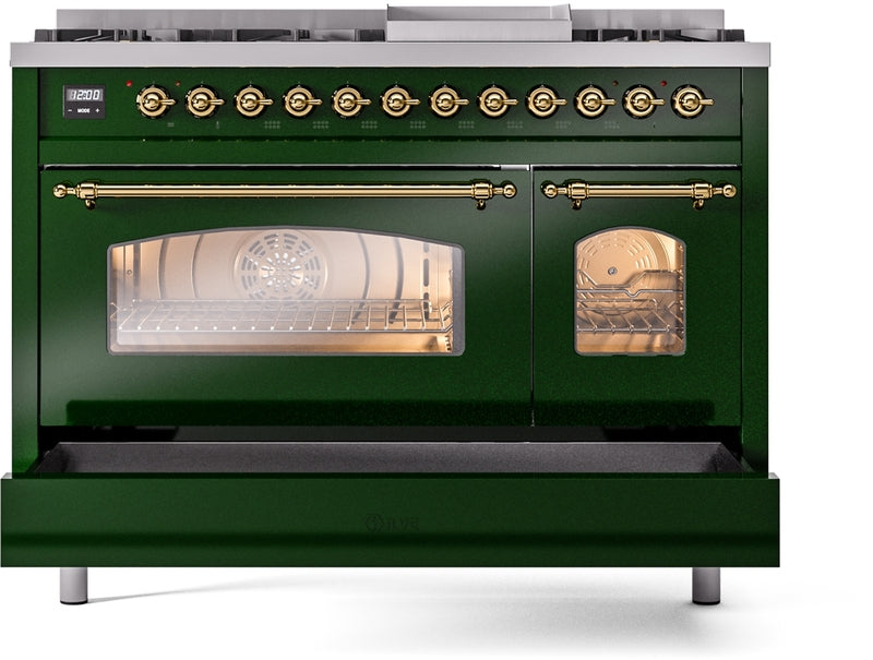 ILVE Nostalgie II 48" Dual Fuel Natural Gas Range in Emerald Green with Brass Trim, UP48FNMPEGG