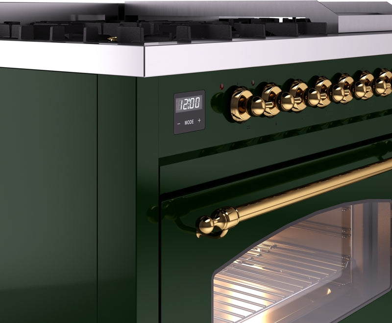 ILVE Nostalgie II 48" Dual Fuel Natural Gas Range in Emerald Green with Brass Trim, UP48FNMPEGG