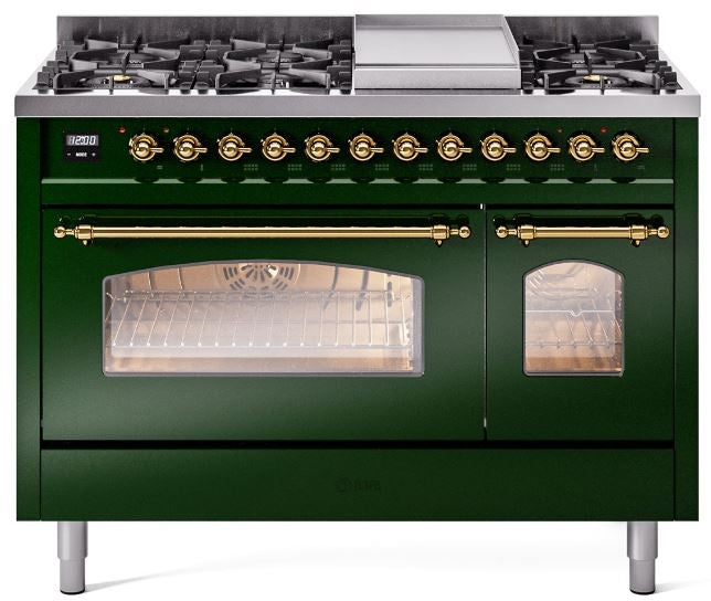 ILVE Nostalgie II 48" Dual Fuel Natural Gas Range in Emerald Green with Brass Trim, UP48FNMPEGG