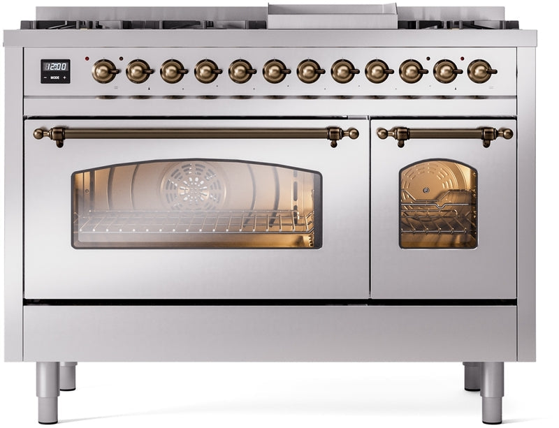 ILVE Nostalgie II 48" Dual Fuel Natural Gas Range in Stainless Steel with Bronze Trim, UP48FNMPSSB