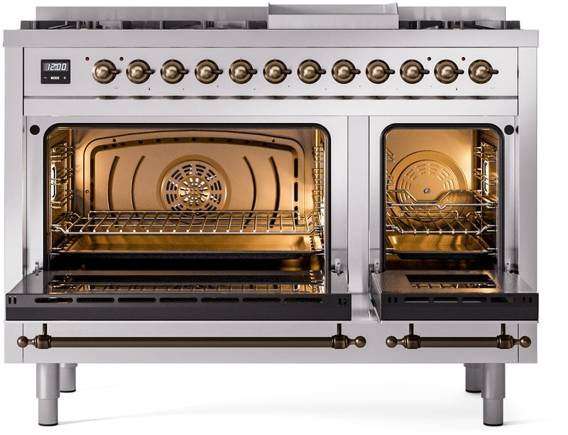 ILVE Nostalgie II 48" Dual Fuel Natural Gas Range in Stainless Steel with Bronze Trim, UP48FNMPSSB