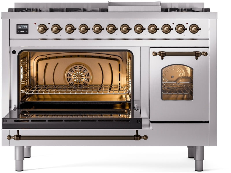 ILVE Nostalgie II 48" Dual Fuel Natural Gas Range in Stainless Steel with Bronze Trim, UP48FNMPSSB