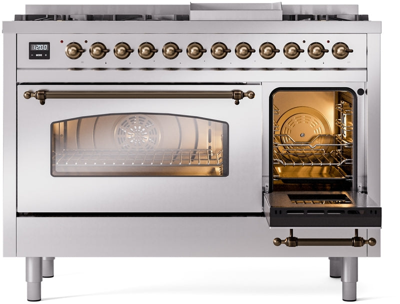 ILVE Nostalgie II 48" Dual Fuel Natural Gas Range in Stainless Steel with Bronze Trim, UP48FNMPSSB