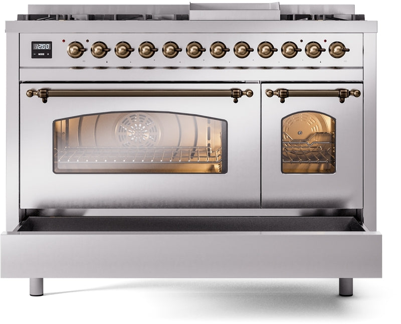 ILVE Nostalgie II 48" Dual Fuel Natural Gas Range in Stainless Steel with Bronze Trim, UP48FNMPSSB