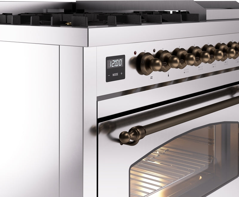 ILVE Nostalgie II 48" Dual Fuel Natural Gas Range in Stainless Steel with Bronze Trim, UP48FNMPSSB