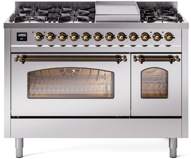 ILVE Nostalgie II 48" Dual Fuel Natural Gas Range in Stainless Steel with Bronze Trim, UP48FNMPSSB