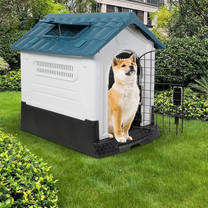 Outdoor Medium Dog House Plastic Waterproof Kennel with Air Vents, 33"L x 27.6"W x 29.9"H, Blue Roof