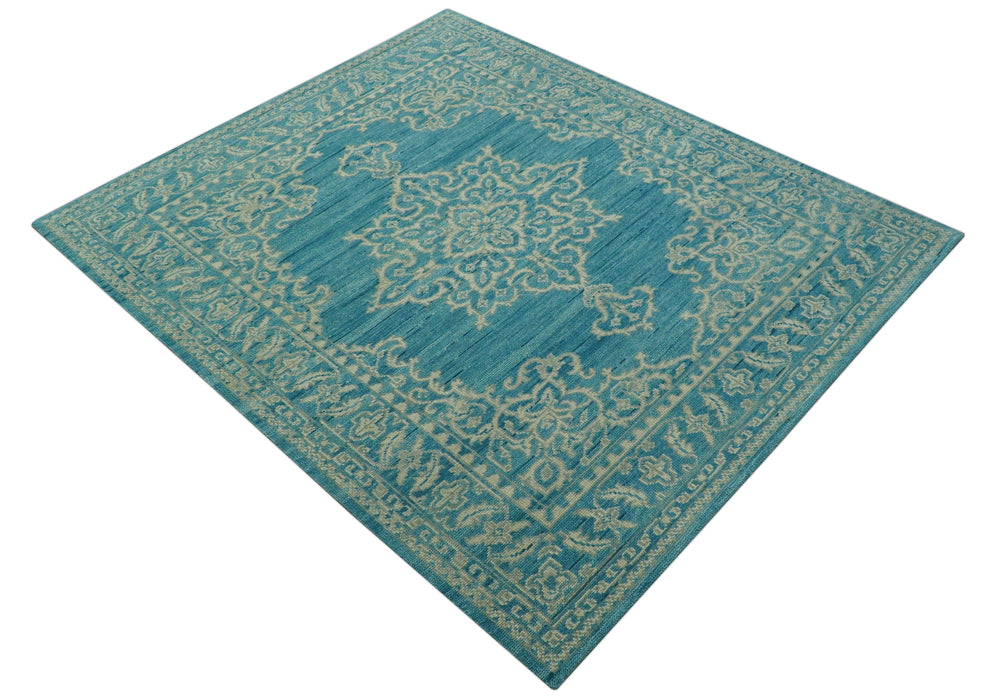 Custom Made Traditional Turkish Design Blue Hand Knotted Wool Area Rug