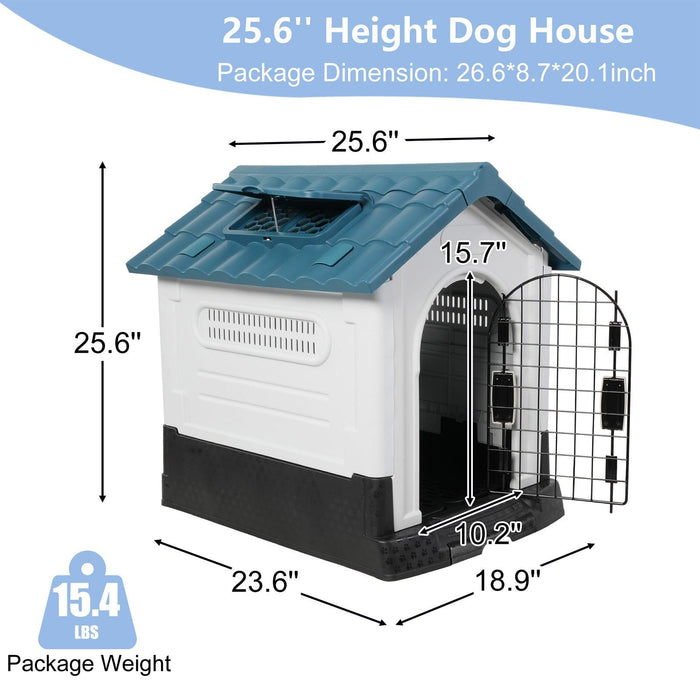 Outdoor Small Dog House Plastic Waterproof Kennel with Air Vents, 23.6"L x 18.9"W x 25.6"H, Blue Roof