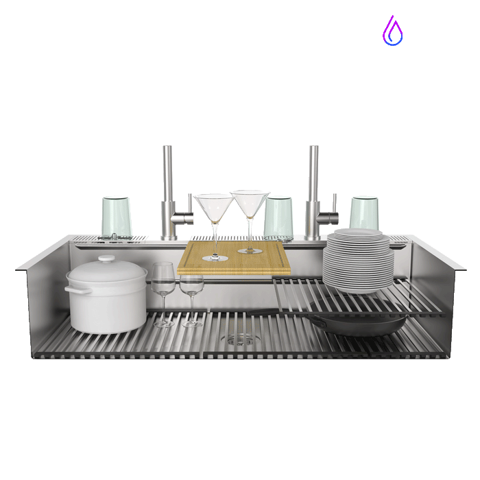 FORNO ACQUA 45 in. Drop-In/Undermount 3-Level Workstation Sink with Two Faucets & Glass Rinser