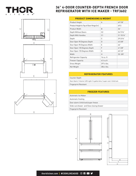 Thor Kitchen Professional 36 In. Counter Depth 22.5 cu. ft. Refrigerator Stainless Steel, TRF3602