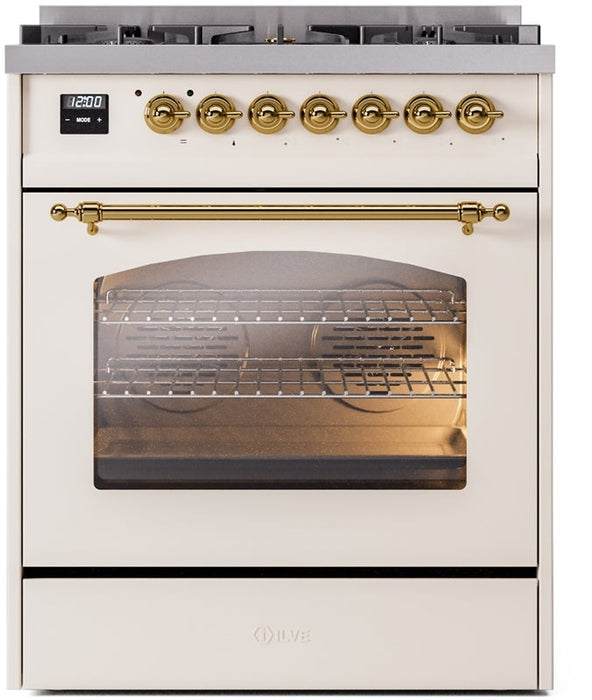 ILVE Nostalgie II 30" Dual Fuel Natural Gas Range in Antique White with Brass Trim, UP30NMPAWG