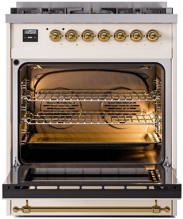 ILVE Nostalgie II 30" Dual Fuel Natural Gas Range in Antique White with Brass Trim, UP30NMPAWG