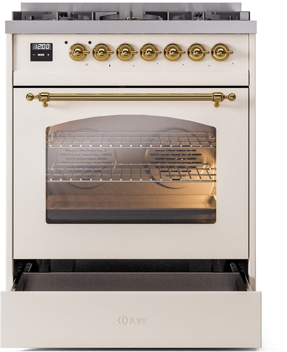 ILVE Nostalgie II 30" Dual Fuel Natural Gas Range in Antique White with Brass Trim, UP30NMPAWG