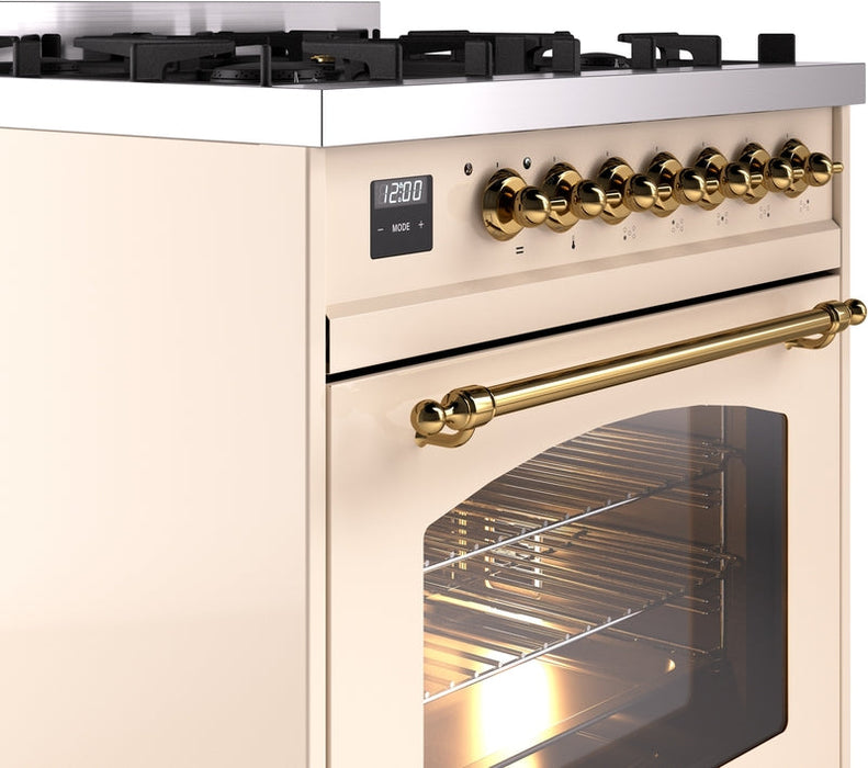 ILVE Nostalgie II 30" Dual Fuel Natural Gas Range in Antique White with Brass Trim, UP30NMPAWG