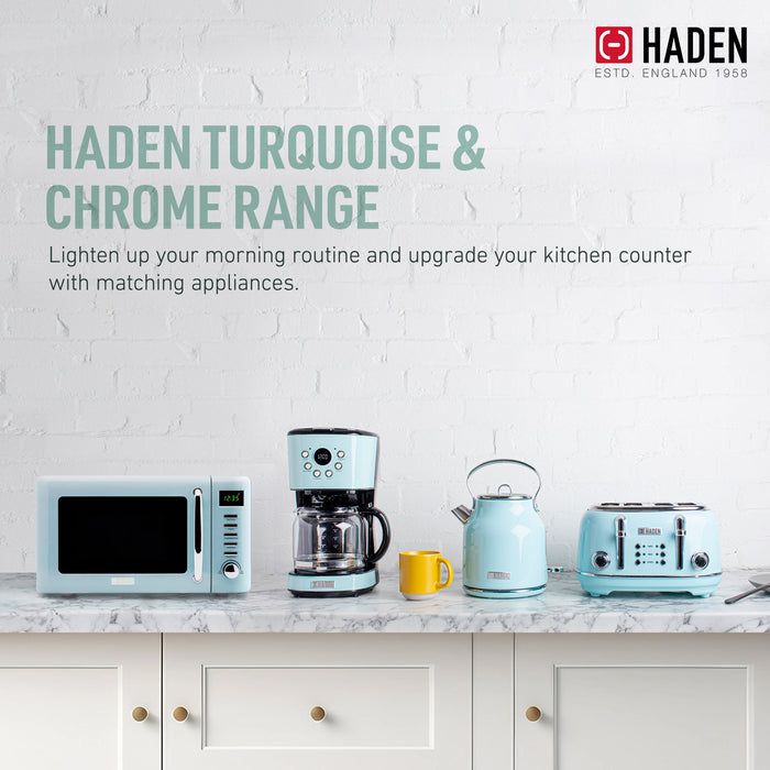 Haden 0.7 Cu Ft Compact Countertop Microwave, 700 Watts, Turquoise & Chrome