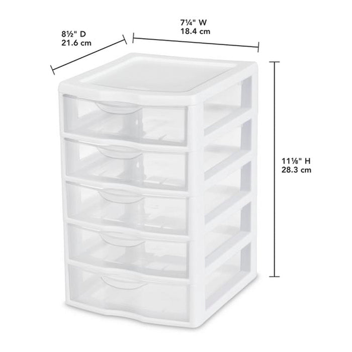 Sterilite Clearview Small Plastic 5 Drawer Desktop Storage System, 4 Pack, White