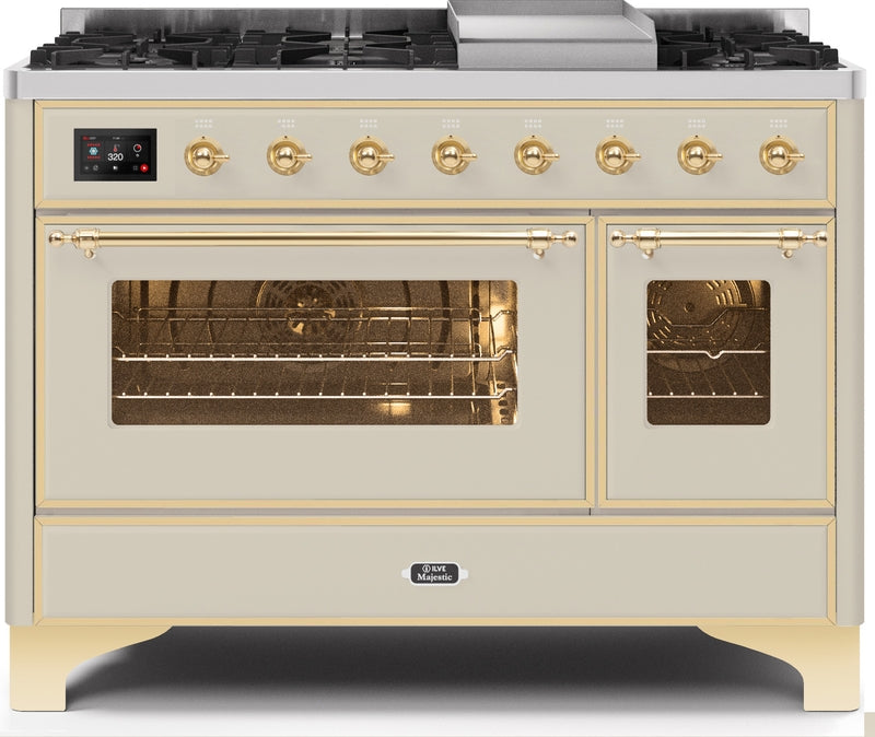 ILVE Majestic II 48" Dual Fuel Propane Gas Range in Antique White with Brass Trim, UM12FDNS3AWGLP