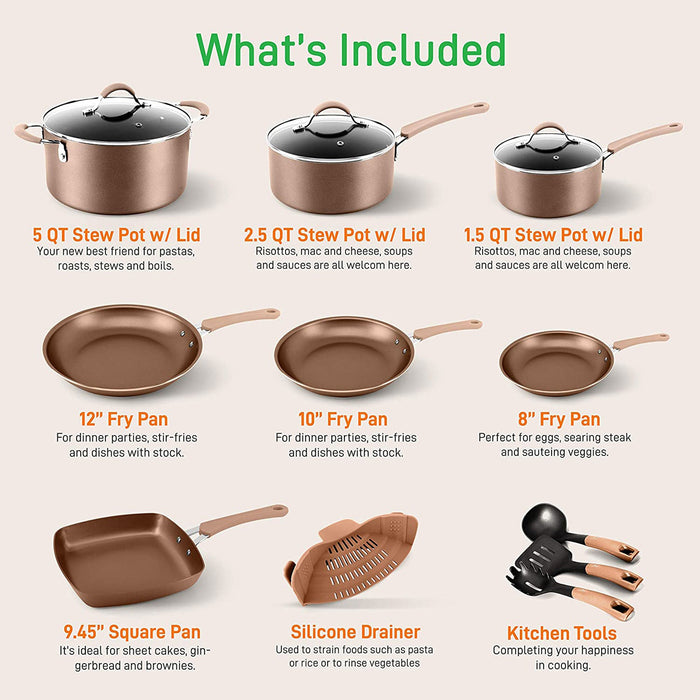 NutriChef Nonstick Cooking Kitchen Cookware Pots and Pans, 20 Piece Set, Bronze