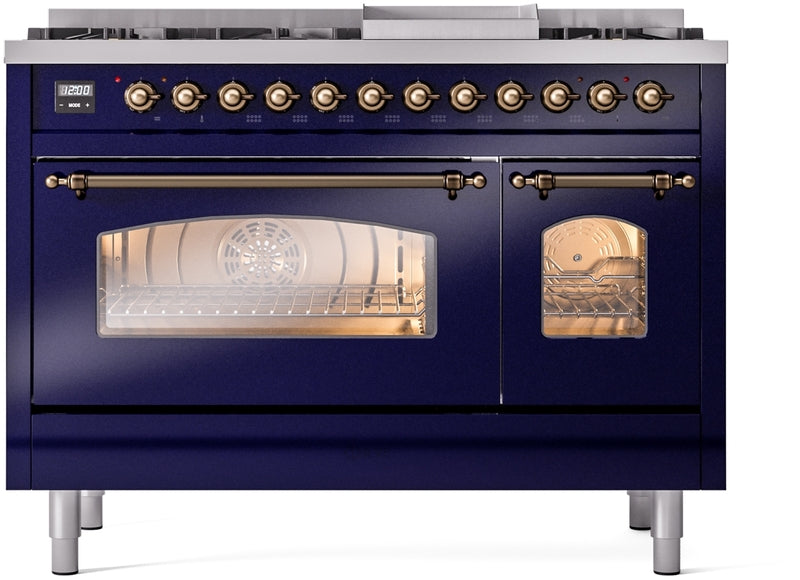 ILVE Nostalgie II 48" Dual Fuel Propane Gas Range in Blue with Bronze Trim, UP48FNMPMBBLP