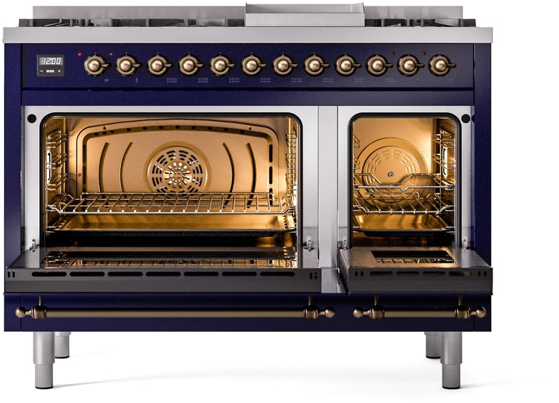 ILVE Nostalgie II 48" Dual Fuel Propane Gas Range in Blue with Bronze Trim, UP48FNMPMBBLP