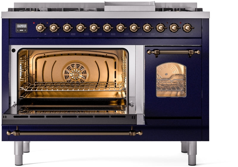 ILVE Nostalgie II 48" Dual Fuel Propane Gas Range in Blue with Bronze Trim, UP48FNMPMBBLP