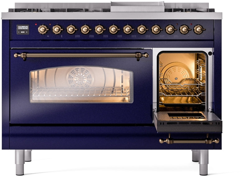 ILVE Nostalgie II 48" Dual Fuel Propane Gas Range in Blue with Bronze Trim, UP48FNMPMBBLP