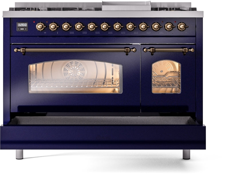 ILVE Nostalgie II 48" Dual Fuel Propane Gas Range in Blue with Bronze Trim, UP48FNMPMBBLP