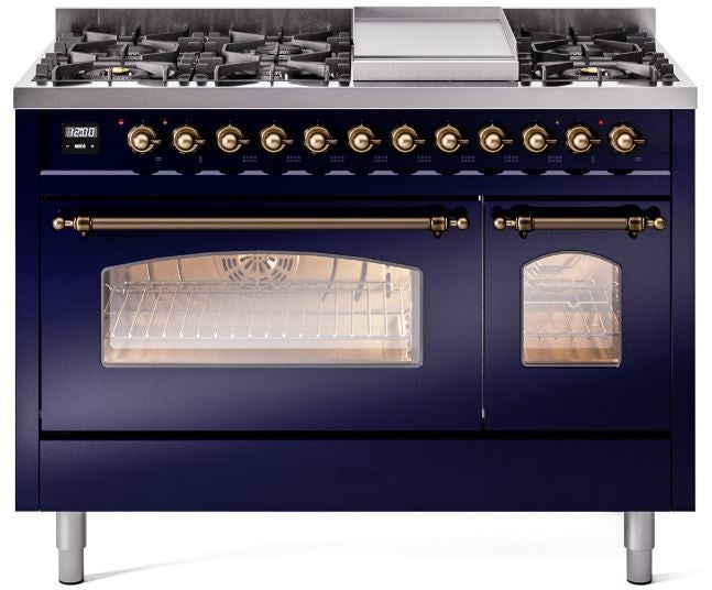 ILVE Nostalgie II 48" Dual Fuel Propane Gas Range in Blue with Bronze Trim, UP48FNMPMBBLP