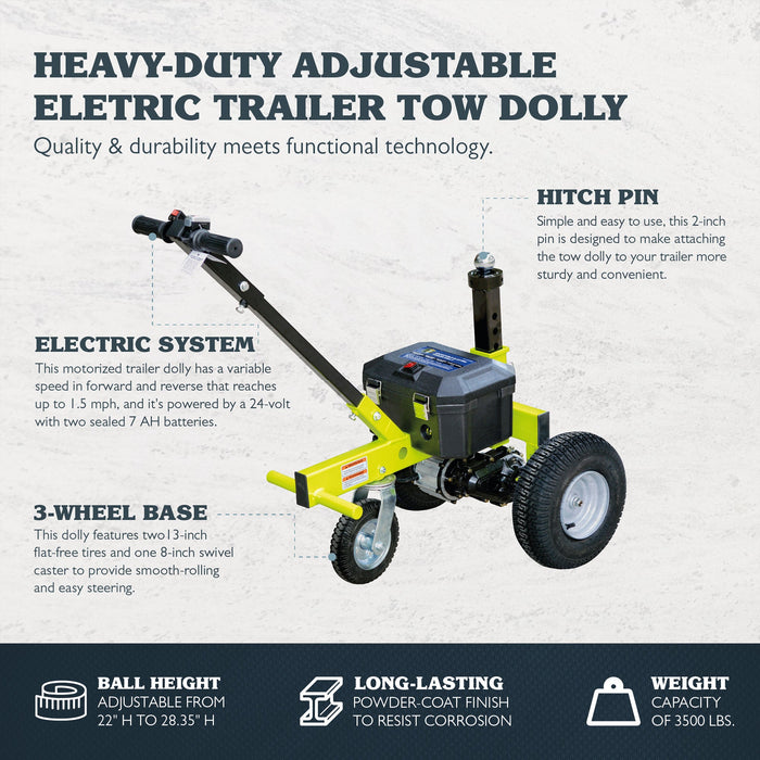 Tow Tuff TMD-35ETD8 Adjustable 3500 Lbs Capacity Electric Trailer Dolly, Green