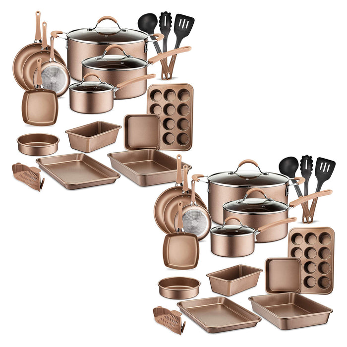 NutriChef 20 Piece Nonstick Kitchen Cookware Pots & Pans Set, Bronze (2 Pack)