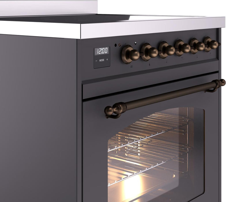 ILVE Nostalgie II 30" Induction Range with Element Stove and Electric Oven in Matte Graphite with Bronze Trim, UPI304NMPMGB