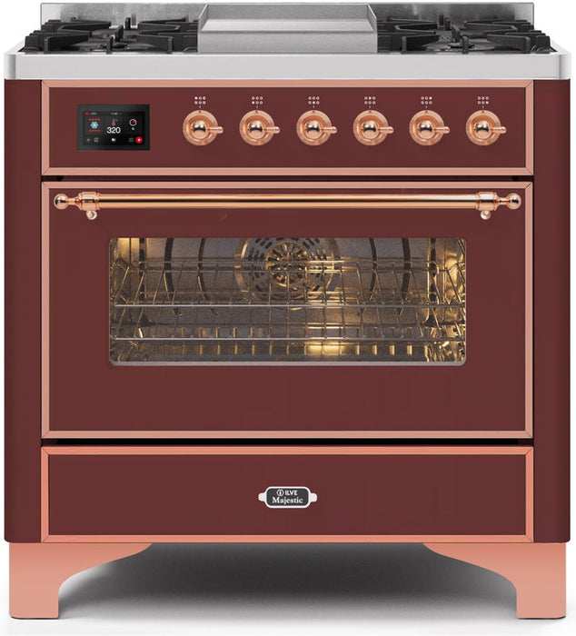 ILVE Majestic II 36" Dual Fuel Natural Gas Range in Burgundy with Copper Trim, UM09FDNS3BUP