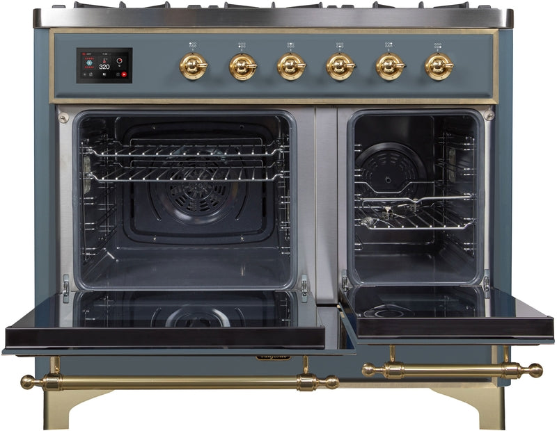 ILVE Majestic II 40" Dual Fuel Propane Gas Range in Blue Grey with Brass Trim, UMD10FDNS3BGGLP