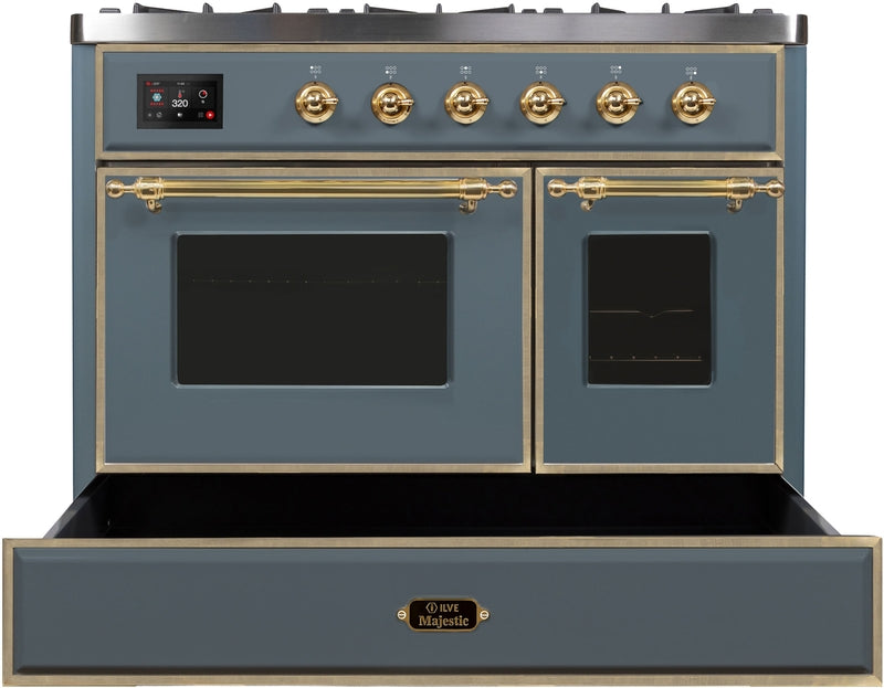 ILVE Majestic II 40" Dual Fuel Propane Gas Range in Blue Grey with Brass Trim, UMD10FDNS3BGGLP