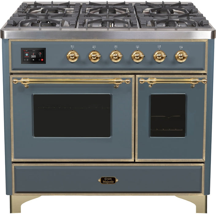 ILVE Majestic II 40" Dual Fuel Propane Gas Range in Blue Grey with Brass Trim, UMD10FDNS3BGGLP