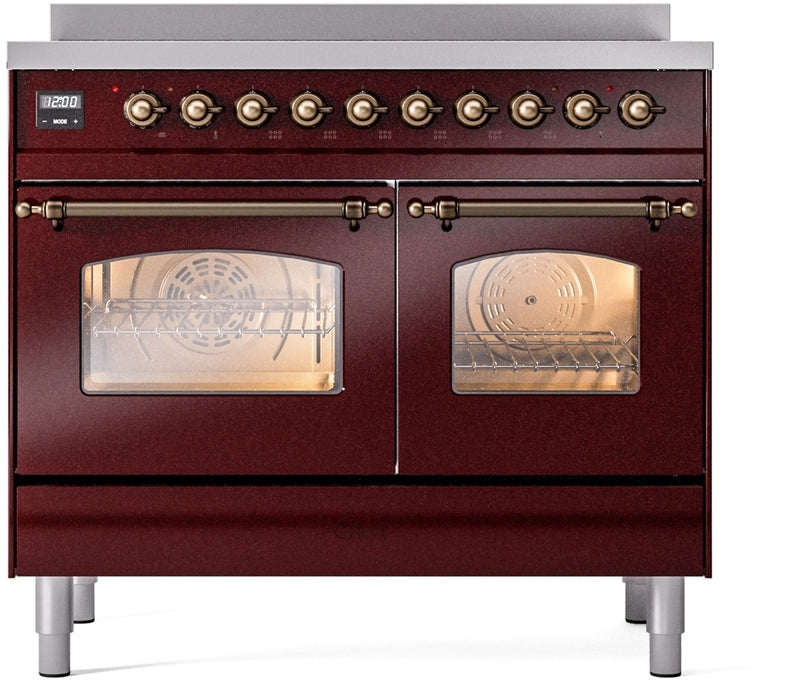 ILVE Nostalgie II 40" Induction Range with Element Stove and Electric Oven in Burgundy with Bronze Trim, UPDI406NMPBUB