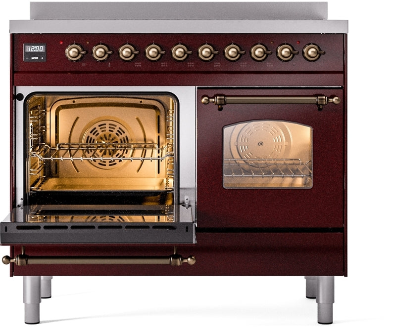 ILVE Nostalgie II 40" Induction Range with Element Stove and Electric Oven in Burgundy with Bronze Trim, UPDI406NMPBUB