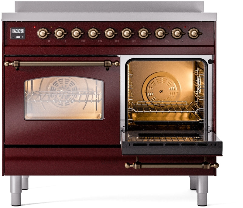 ILVE Nostalgie II 40" Induction Range with Element Stove and Electric Oven in Burgundy with Bronze Trim, UPDI406NMPBUB