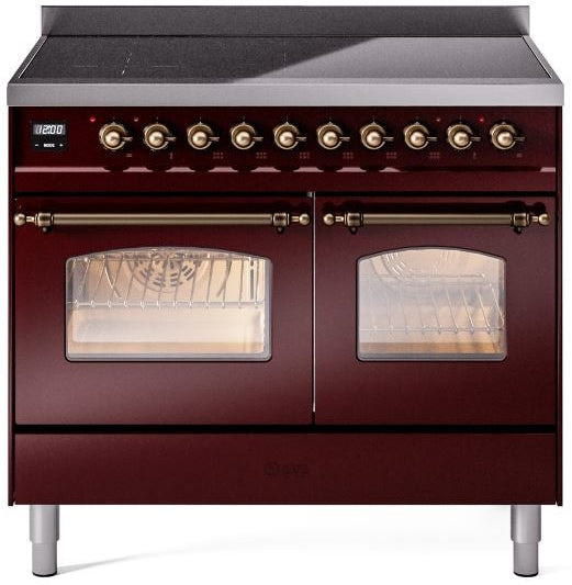 ILVE Nostalgie II 40" Induction Range with Element Stove and Electric Oven in Burgundy with Bronze Trim, UPDI406NMPBUB